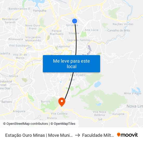 Estação Ouro Minas | Move Municipal - Sentido Centro to Faculdade Milton Campos map