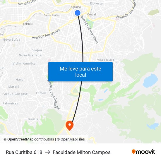 Rua Curitiba 618 to Faculdade Milton Campos map