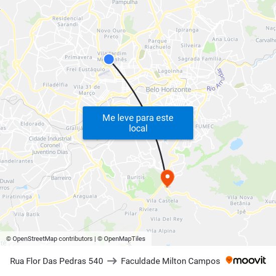 Rua Flor Das Pedras 540 to Faculdade Milton Campos map