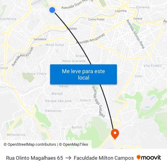 Rua Olinto Magalhaes 65 to Faculdade Milton Campos map