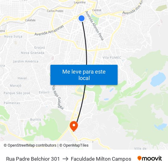 Rua Padre Belchior 301 to Faculdade Milton Campos map