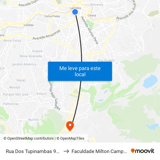Rua Dos Tupinambas 933 to Faculdade Milton Campos map