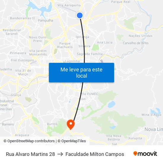 Rua Alvaro Martins 28 to Faculdade Milton Campos map