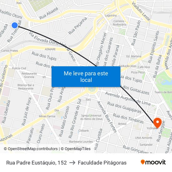 Rua Padre Eustáquio, 152 to Faculdade Pitágoras map