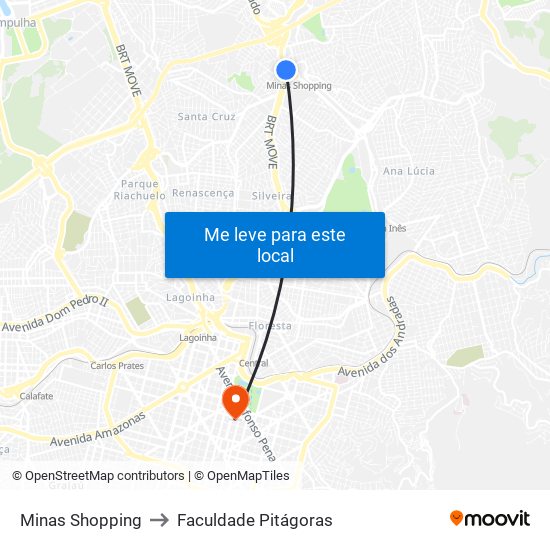 Minas Shopping to Faculdade Pitágoras map