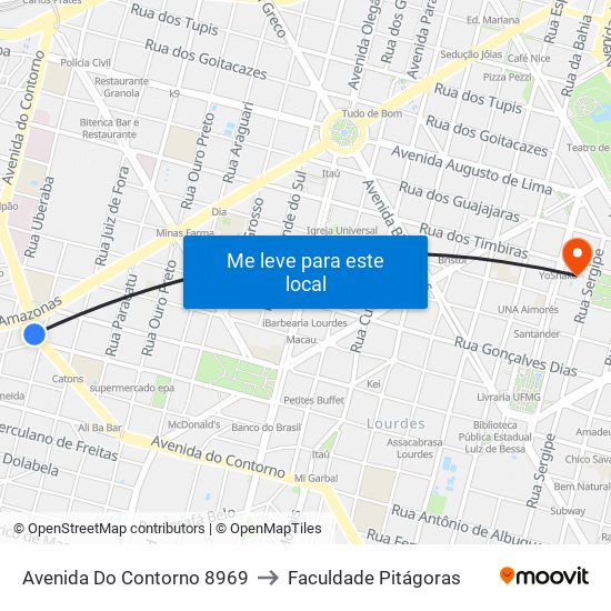 Avenida Do Contorno 8969 to Faculdade Pitágoras map