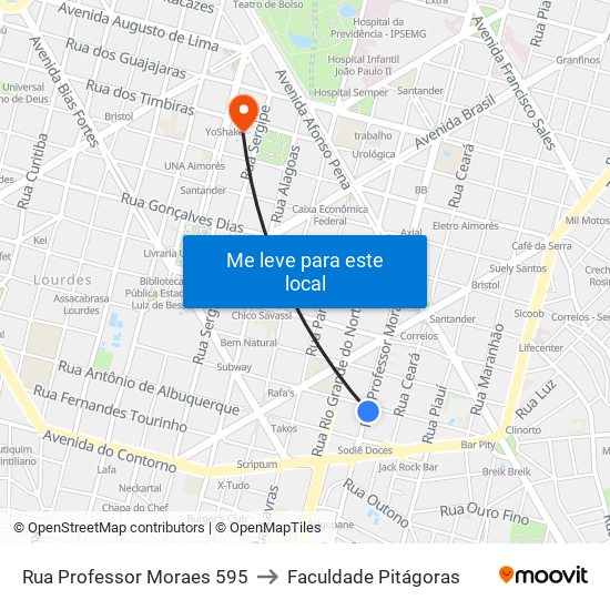 Rua Professor Moraes 595 to Faculdade Pitágoras map