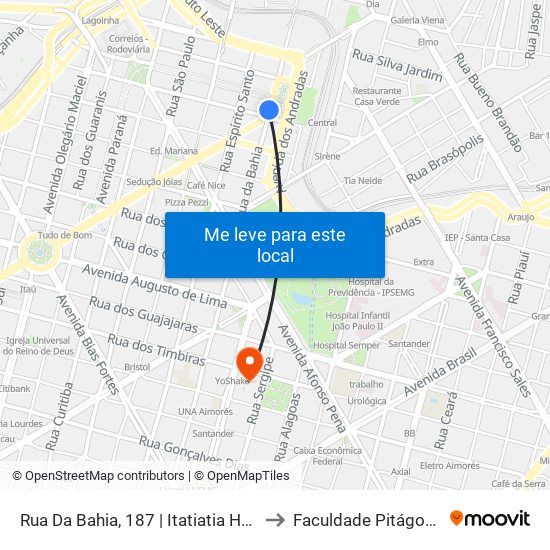 Rua Da Bahia, 187 | Itatiatia Hotel to Faculdade Pitágoras map