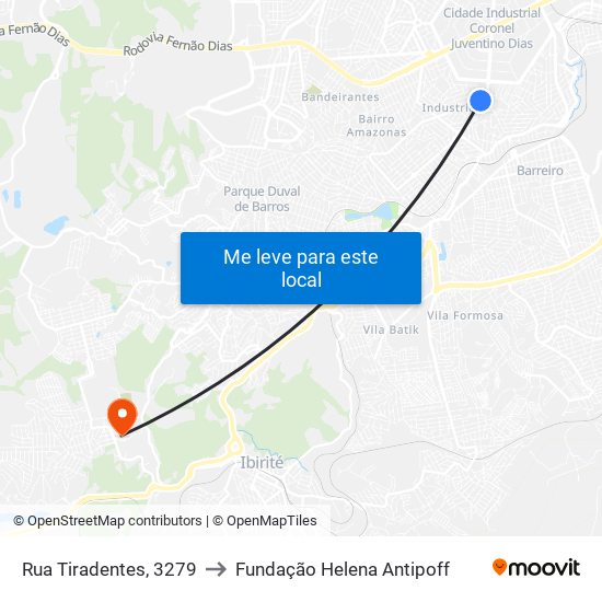 Rua Tiradentes, 3279 to Fundação Helena Antipoff map