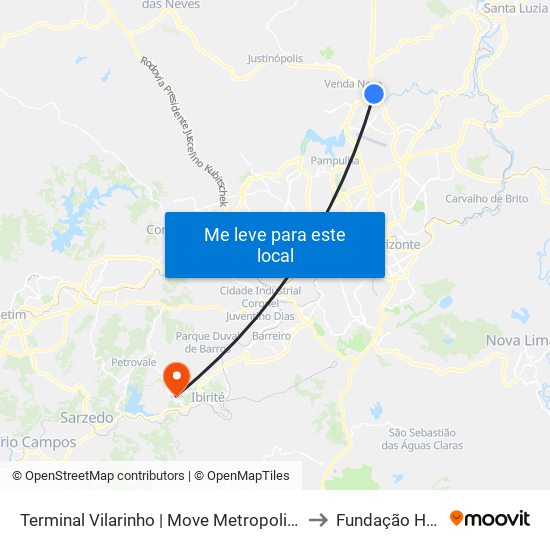 Terminal Vilarinho | Move Metropolitano - Setor Norte, Plataforma A1 to Fundação Helena Antipoff map