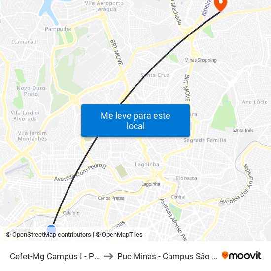 Cefet-Mg Campus I - Ponto 3 to Puc Minas - Campus São Gabriel map