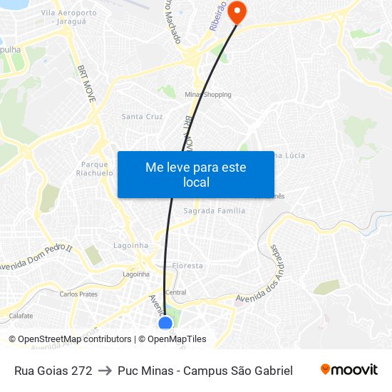 Rua Goias 272 to Puc Minas - Campus São Gabriel map