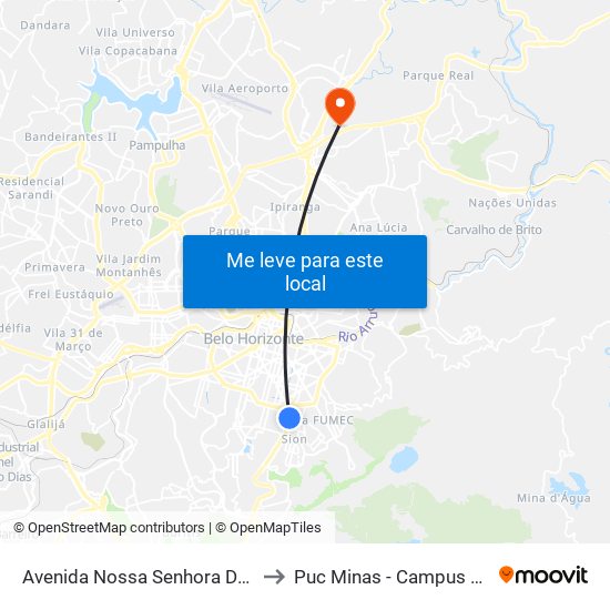 Avenida Nossa Senhora Do Carmo 350 to Puc Minas - Campus São Gabriel map