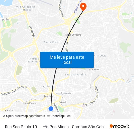 Rua Sao Paulo 1071 to Puc Minas - Campus São Gabriel map