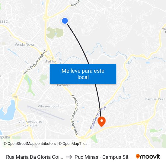 Rua Maria Da Gloria Coimbra 25 to Puc Minas - Campus São Gabriel map