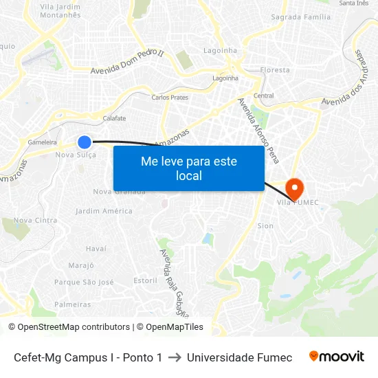 Cefet-Mg Campus I - Ponto 1 to Universidade Fumec map