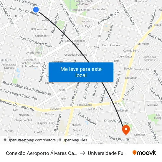 Conexão Aeroporto Álvares Cabral to Universidade Fumec map