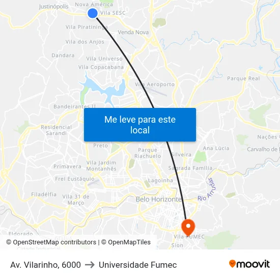 Av. Vilarinho, 6000 to Universidade Fumec map