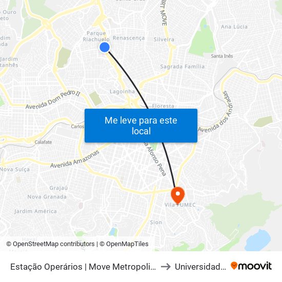 Estação Operários | Move Metropolitano - Sentido Centro to Universidade Fumec map