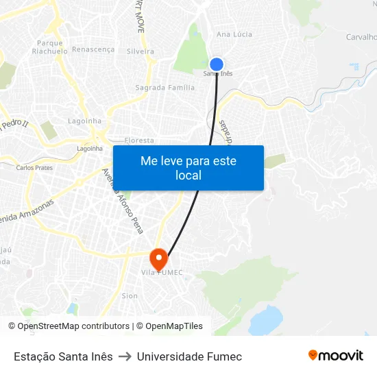Estação Santa Inês to Universidade Fumec map