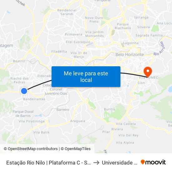 Estação Rio Nilo | Plataforma C - Sentido Metrô to Universidade Fumec map