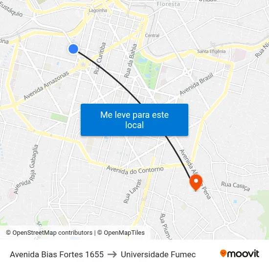 Avenida Bias Fortes 1655 to Universidade Fumec map