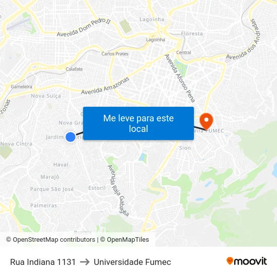 Rua Indiana 1131 to Universidade Fumec map