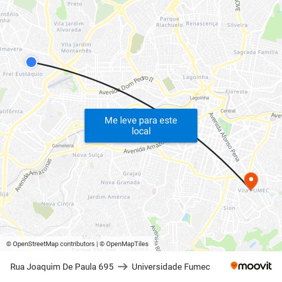Rua Joaquim De Paula 695 to Universidade Fumec map