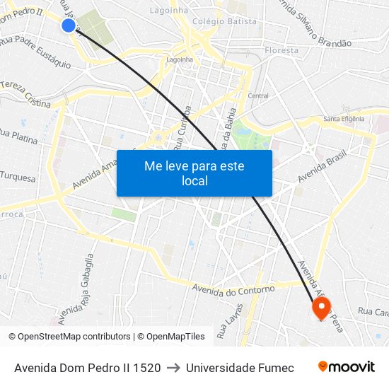 Avenida Dom Pedro II 1520 to Universidade Fumec map