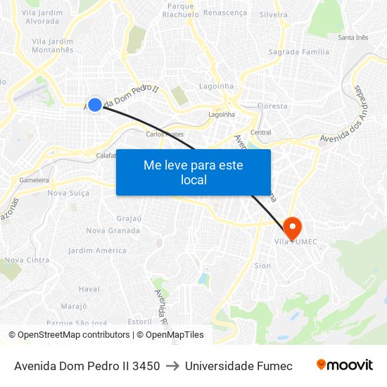 Avenida Dom Pedro II 3450 to Universidade Fumec map