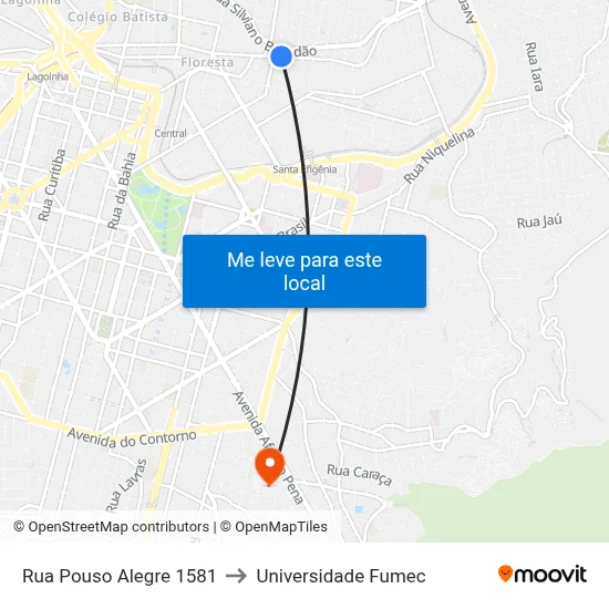 Rua Pouso Alegre 1581 to Universidade Fumec map
