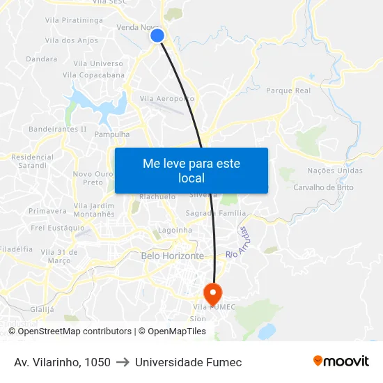 Av. Vilarinho, 1050 to Universidade Fumec map