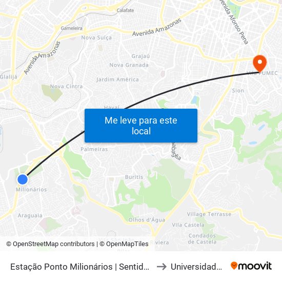 Estação Ponto Milionários | Sentido Anel Rodoviário to Universidade Fumec map