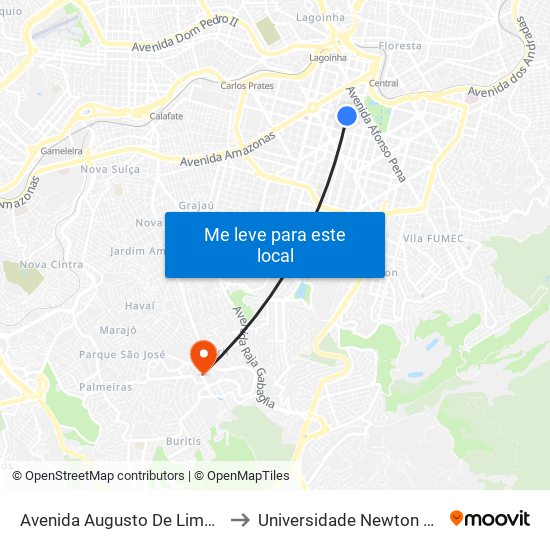 Avenida Augusto De Lima 270 to Universidade Newton Paiva map