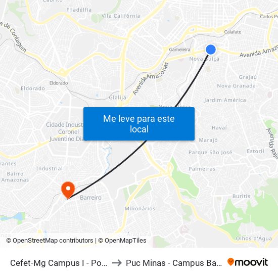 Cefet-Mg Campus I - Ponto 1 to Puc Minas - Campus Barreiro map