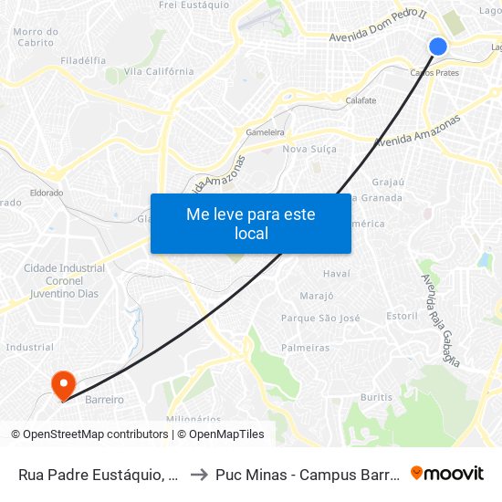 Rua Padre Eustáquio, 152 to Puc Minas - Campus Barreiro map