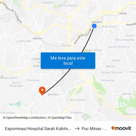 Expominas/Hospital Sarah Kubitschek E Oposto Ao 5º Batalhão Pmmg to Puc Minas - Campus Barreiro map