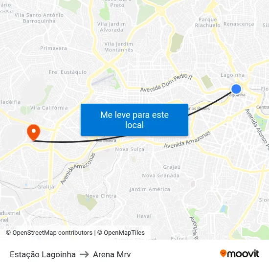 Estação Lagoinha to Arena Mrv map