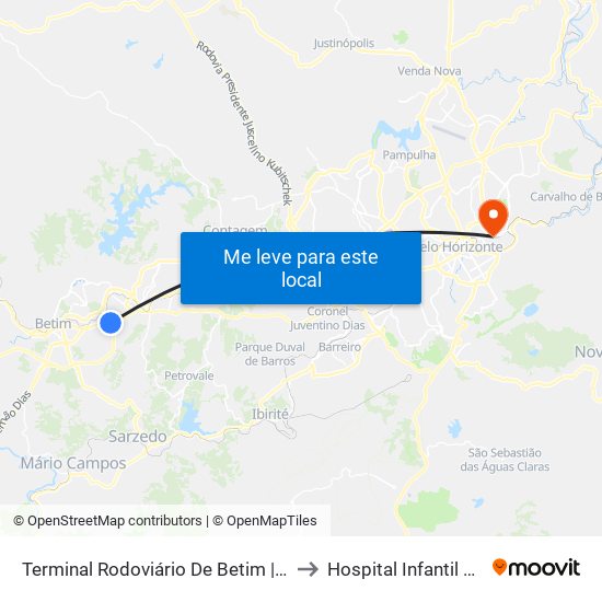 Terminal Rodoviário De Betim | Plataforma B1 - Sentido Bairro to Hospital Infantil São Camilo Unimed map