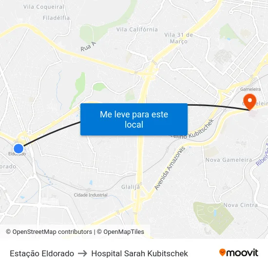 Estação Eldorado to Hospital Sarah Kubitschek map