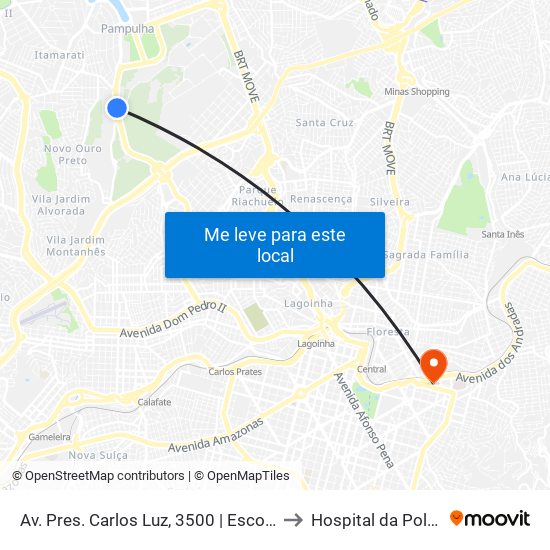 Av. Pres. Carlos Luz, 3500 | Escola De Educação Física Da Ufmg to Hospital da Polícia Militar - HPM map