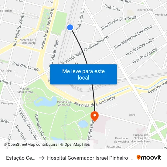 Estação Central to Hospital Governador Israel Pinheiro - IPSEMG map