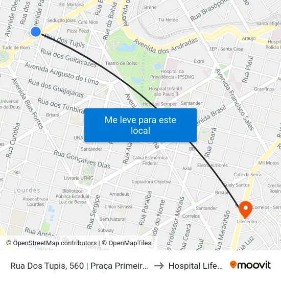 Rua Dos Tupis, 560 | Praça Primeiro De Maio 2 to Hospital Lifecenter map