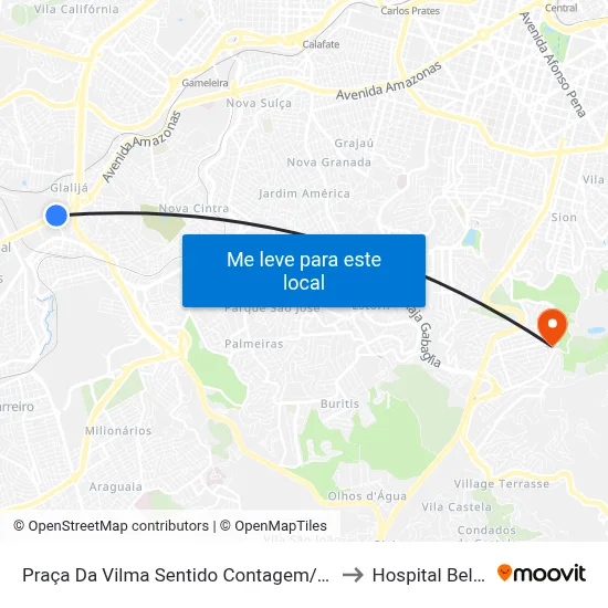 Praça Da Vilma Sentido Contagem/Betim/Barreiro to Hospital Belvedere map