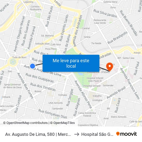 Av. Augusto De Lima, 580 | Mercado Central to Hospital São Geraldo map