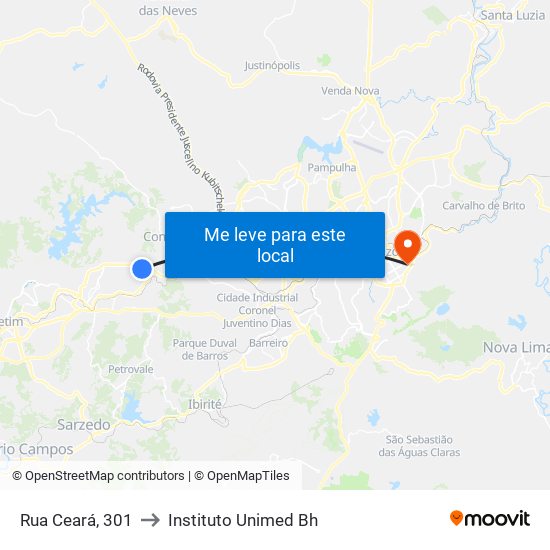 Rua Ceará, 301 to Instituto Unimed Bh map