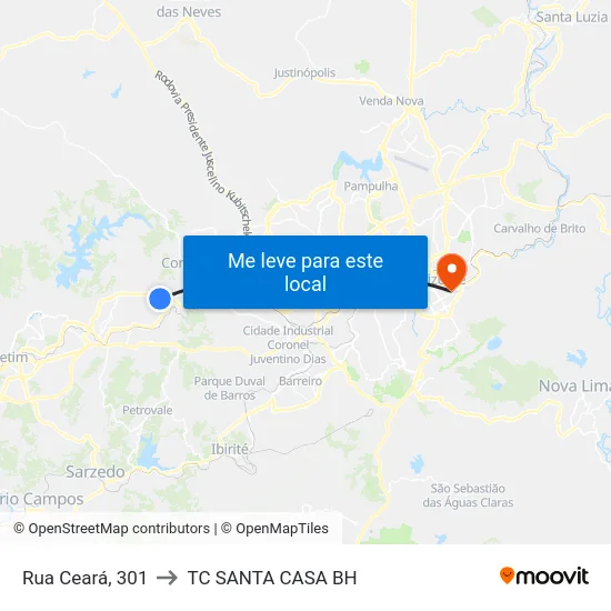 Rua Ceará, 301 to TC SANTA CASA BH map