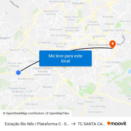 Estação Rio Nilo | Plataforma C - Sentido Metrô to TC SANTA CASA BH map