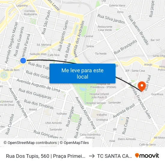 Rua Dos Tupis, 560 | Praça Primeiro De Maio 2 to TC SANTA CASA BH map