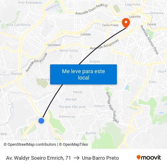 Av. Waldyr Soeiro Emrich, 71 to Una-Barro Preto map
